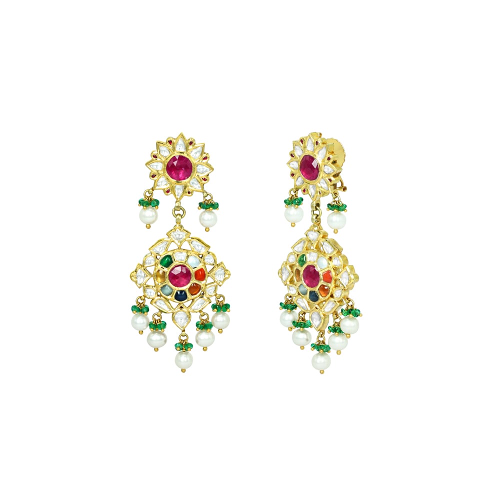 Navaratan Earrings with Polki Diamonds, Pearls, and Emerald Beads